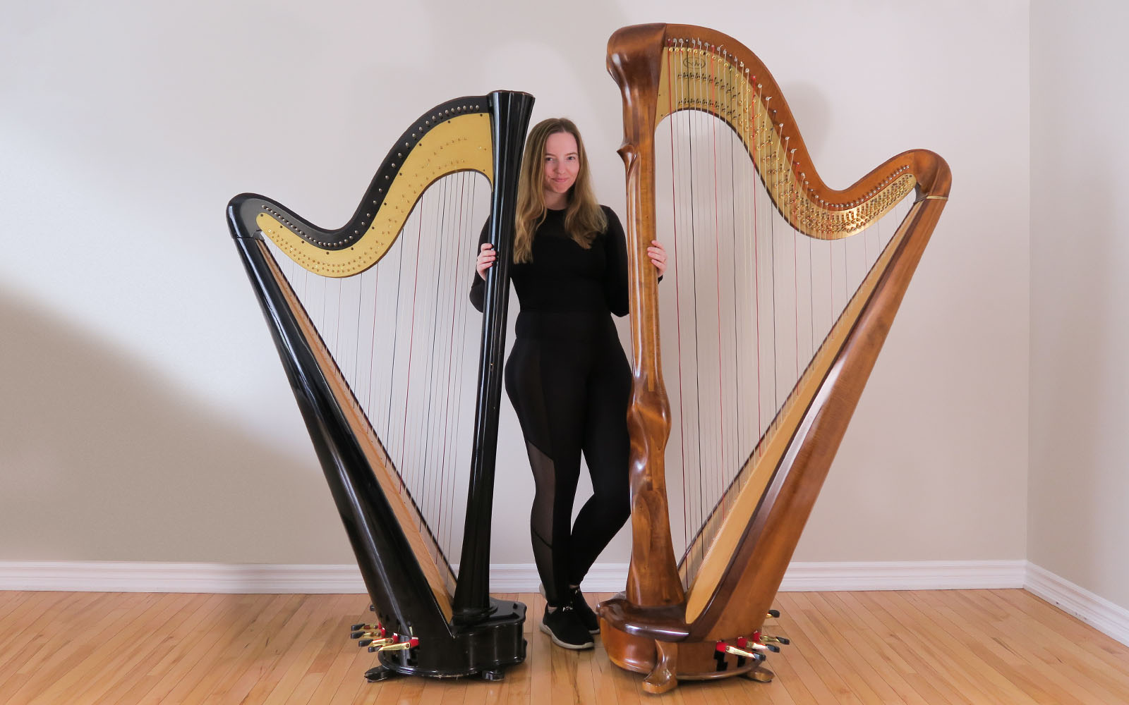 Hannah Warren Harpist - Hannah Plays Harp - Ottawa Wedding and Event Harpist - Hannah and her two pedal harps Salvi Daphne 40 Salvi Scolpita