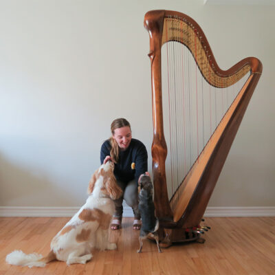 Hannah Warren Harpist - Hannah Plays Harp - Ottawa wedding and event harpist - Hannah with her dogs Stella and Mozart beside Salvi Scolpita harp