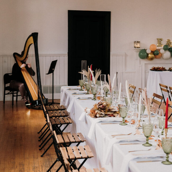 Hannah Warren Harpist - Blog Post - How much does it cost to hire a wedding harpist - Photo of Hannah playing a wedding at The Knox by Lauren McCormick Photography